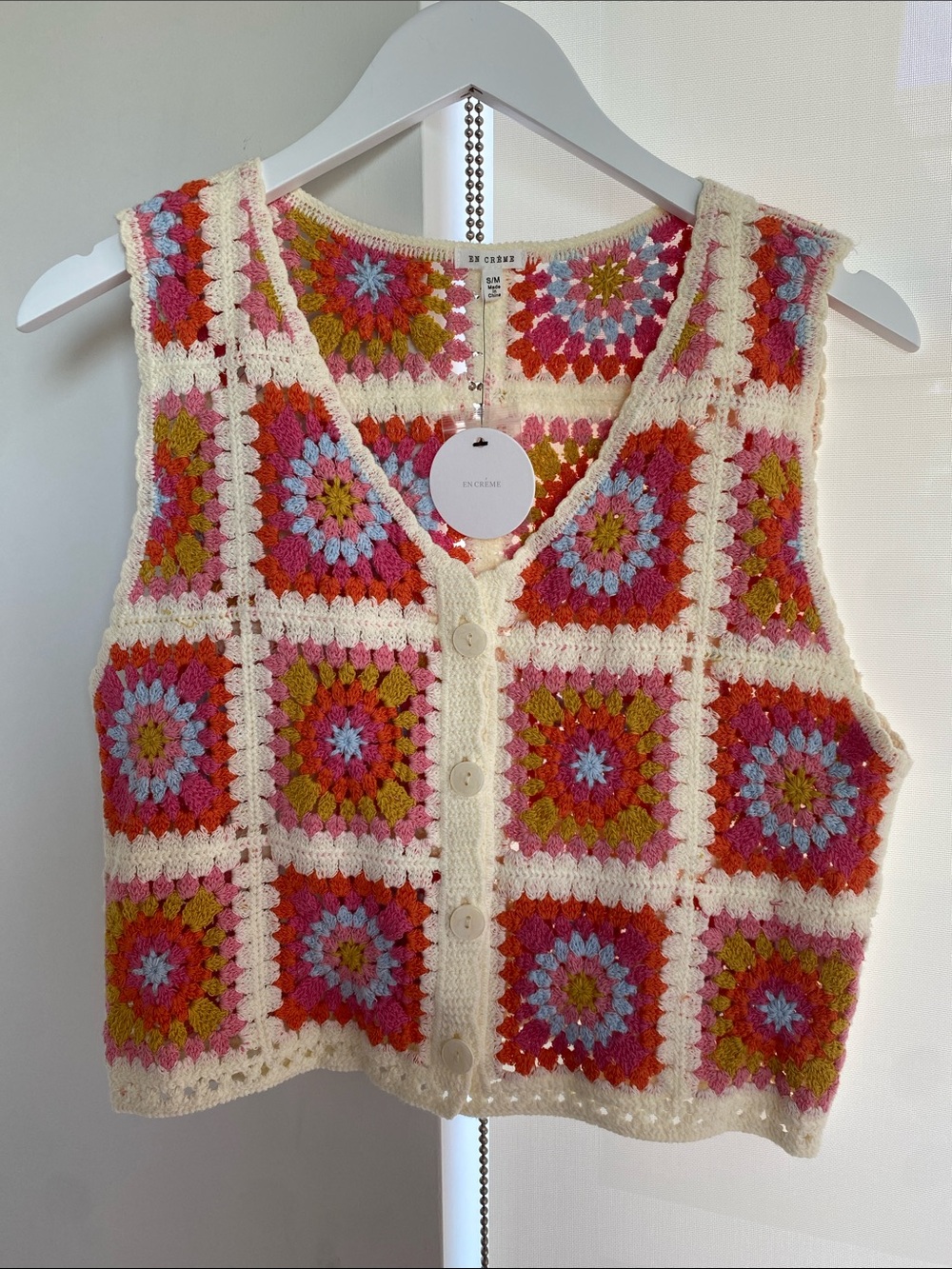 NWT En Creme Granny Square Flower Crochet Button-Front Vest Tank Top Cotton